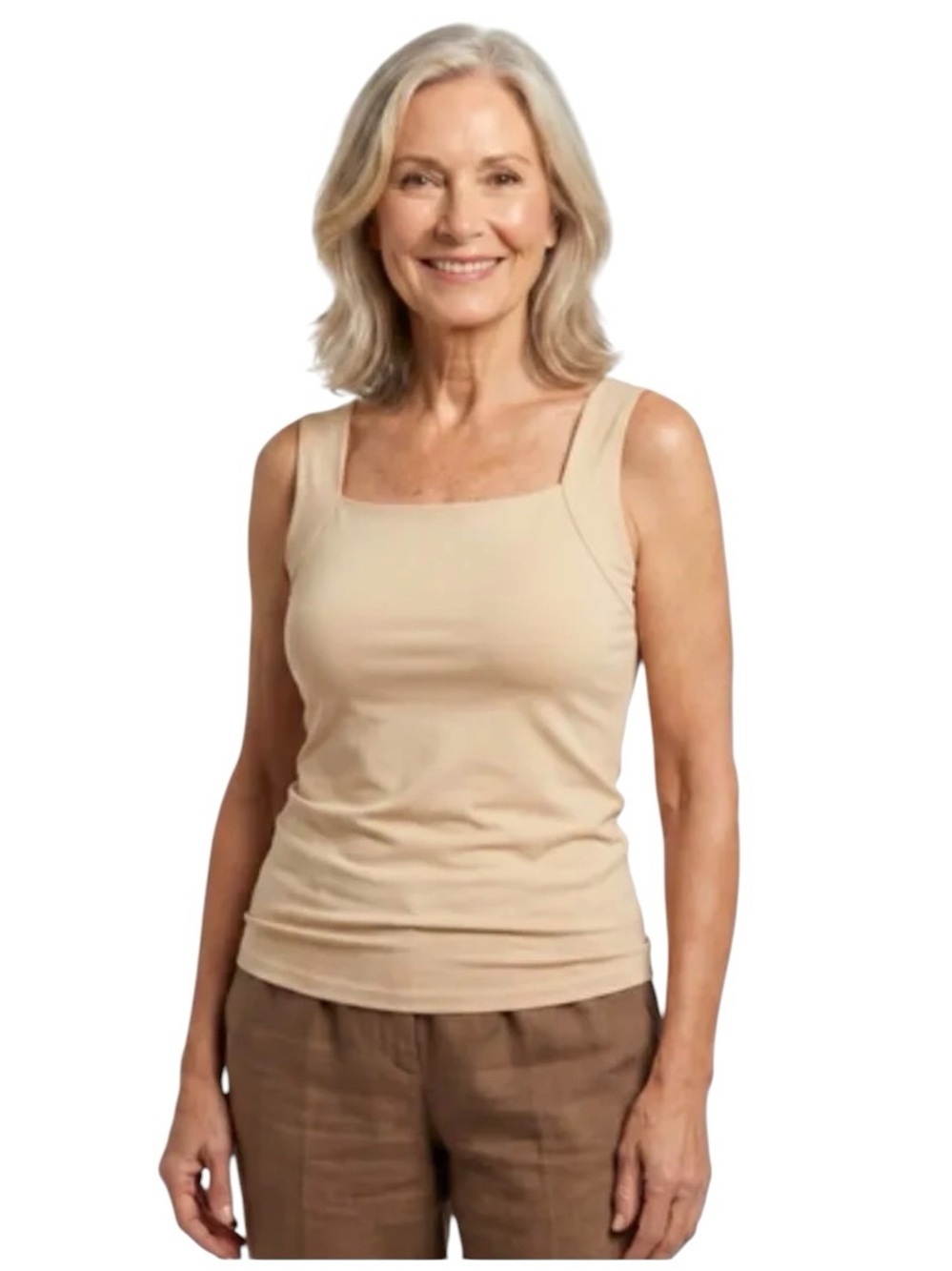 Beige Square-Neck Tank Top Built-in Bra NWL XL
